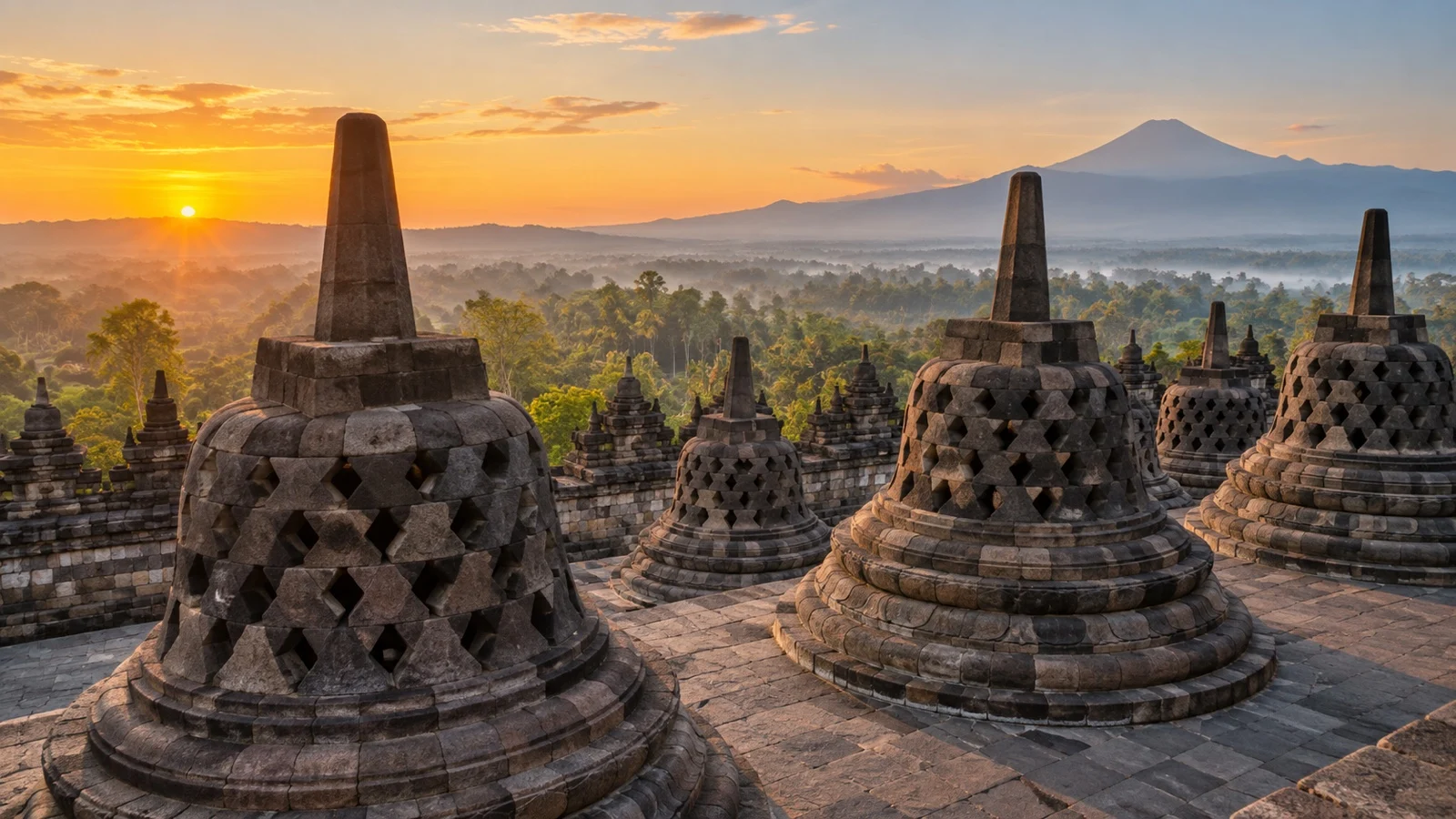 Stone stupas and terraces of Borobudur in Central Java