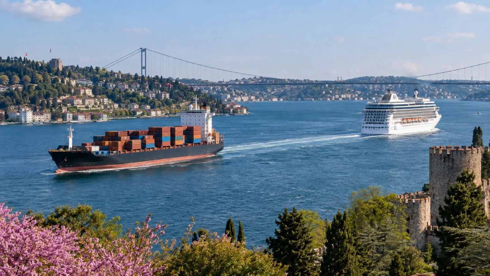 Cargo ship and cruise ship sharing Bosphorus channel, single continuous scene