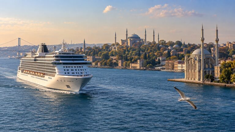 Cruise ship transiting Bosphorus beside Istanbul skyline and domed mosques