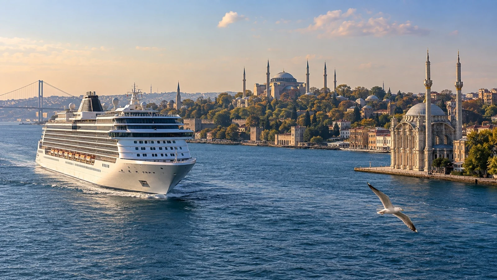 Cruise ship transiting Bosphorus beside Istanbul skyline and domed mosques