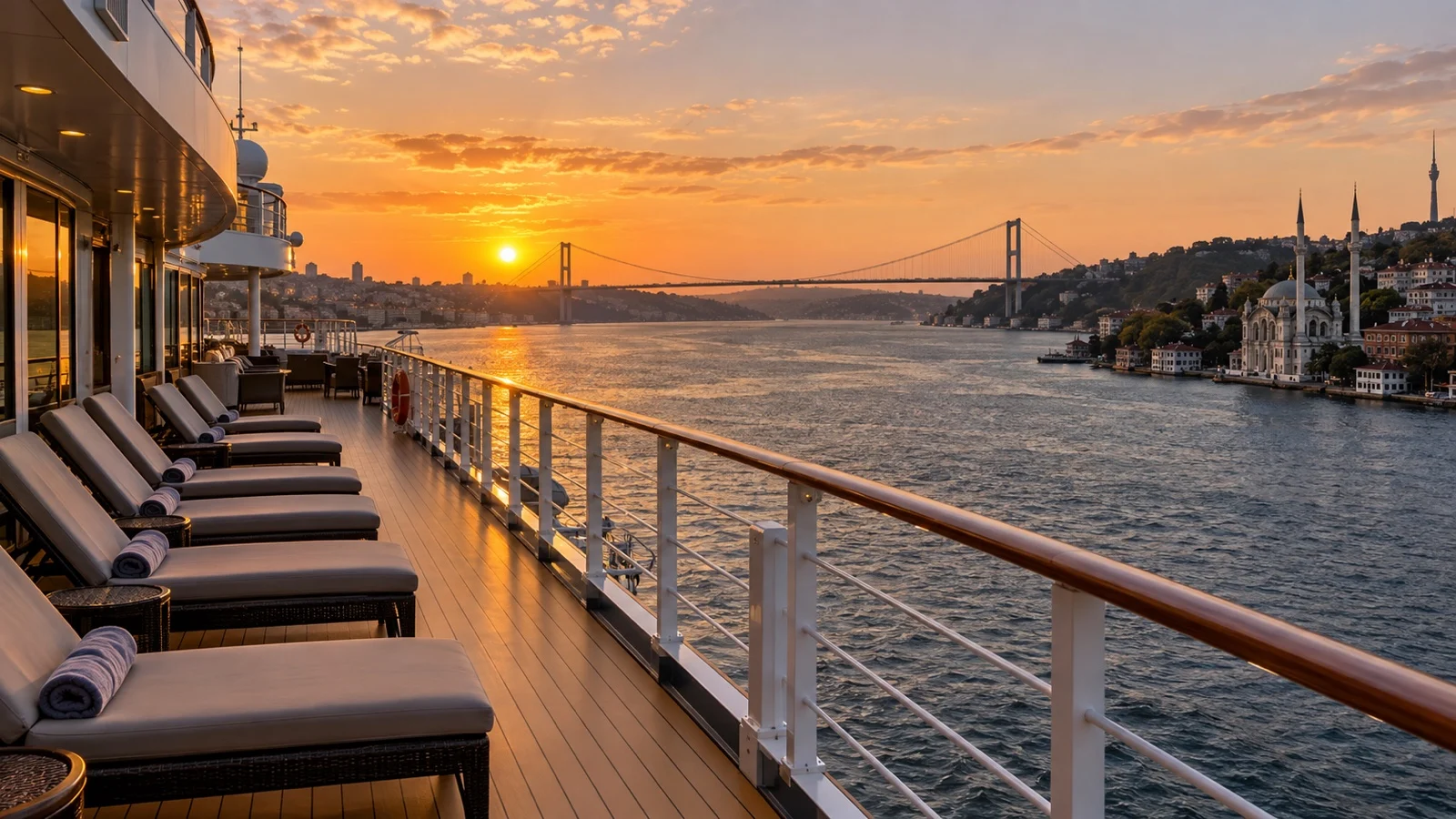 Empty cruise ship deck overlooking Bosphorus at golden sunset