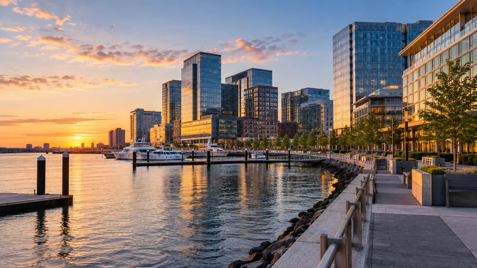 Boston Seaport District with modern hotels, waterfront promenade and harbor view