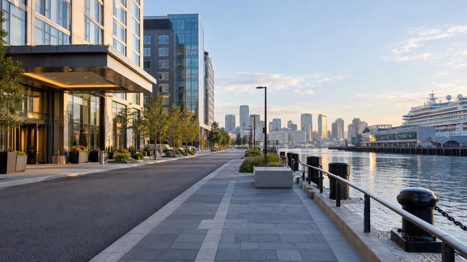Southern Boston Seaport hotel buildings near the cruise terminal with quiet waterfront streets