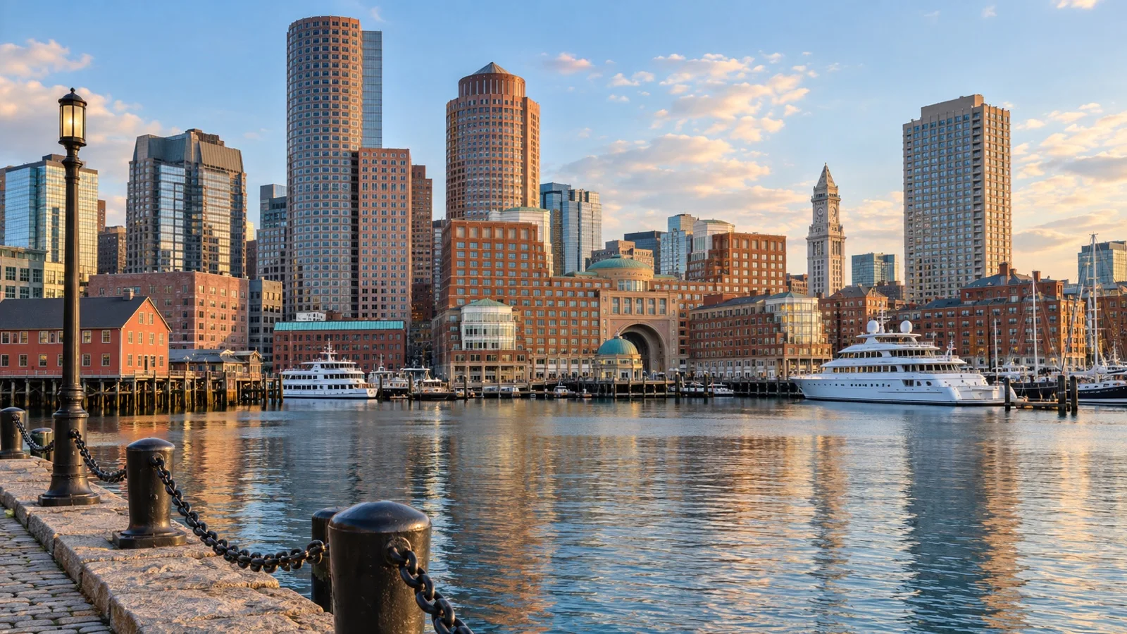 Boston downtown waterfront with upscale hotels, historic harbor buildings and boats
