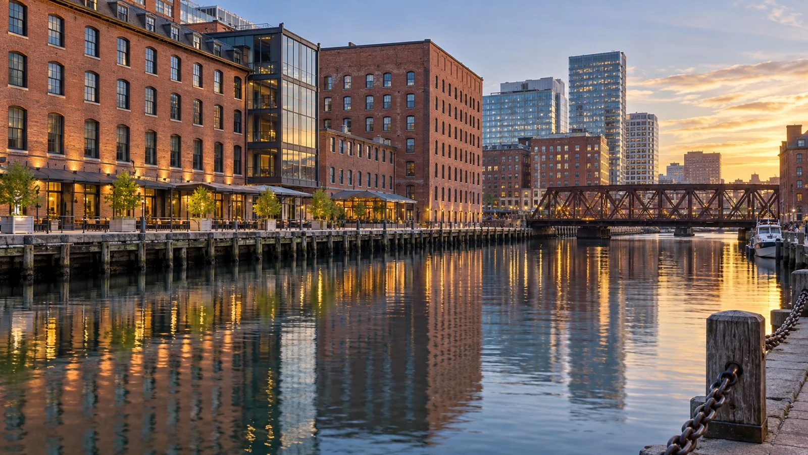 Fort Point Channel in Boston with restored brick warehouse hotels and water reflections