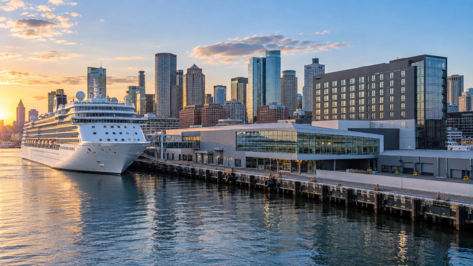 Flynn Cruiseport Boston at Black Falcon Terminal with a white cruise ship docked beside the Seaport skyline
