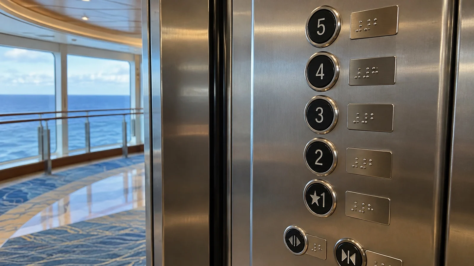 Close view of tactile elevator buttons and Braille labels on an empty cruise ship