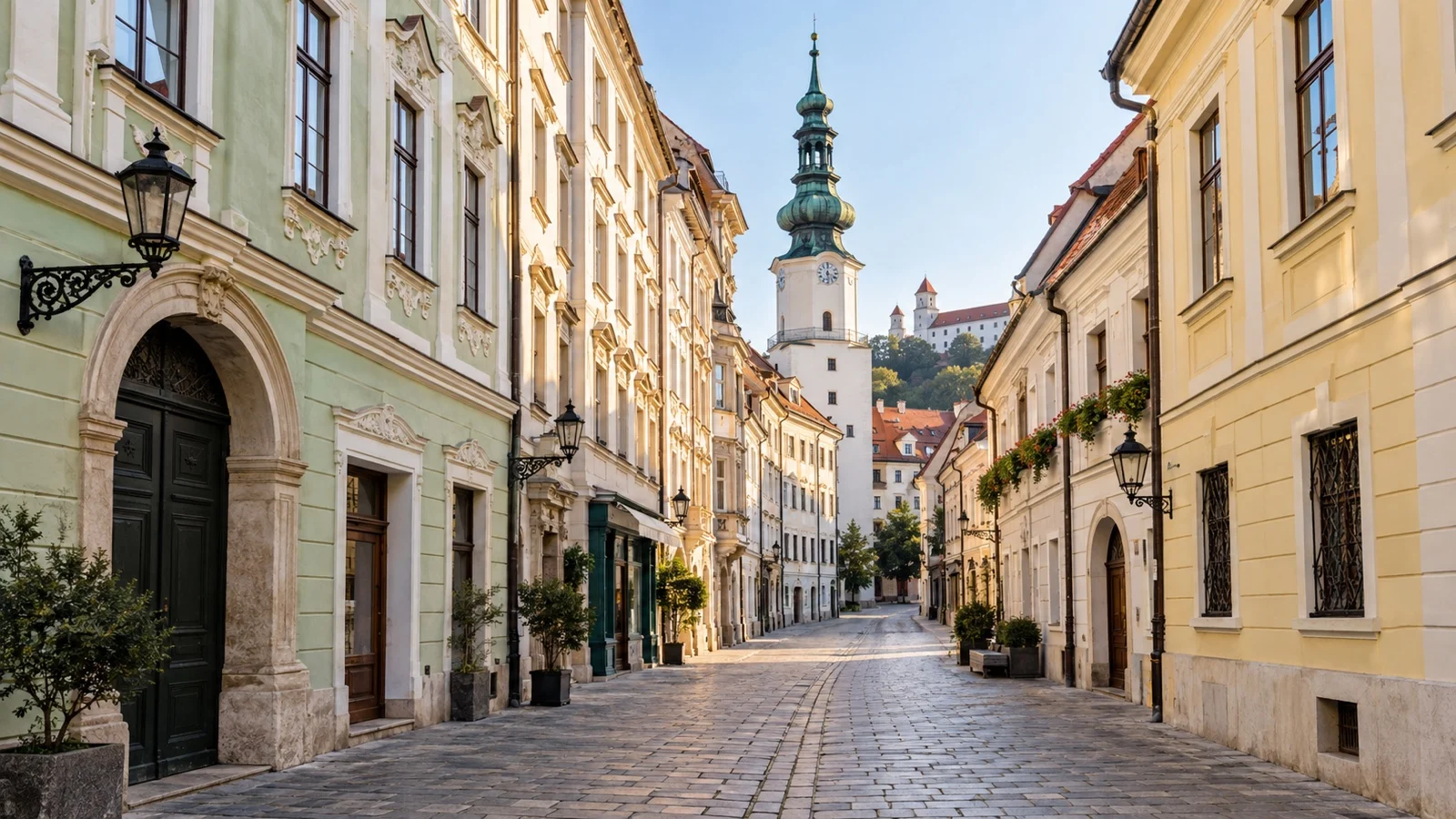Walkable old town street near Bratislava river cruise port