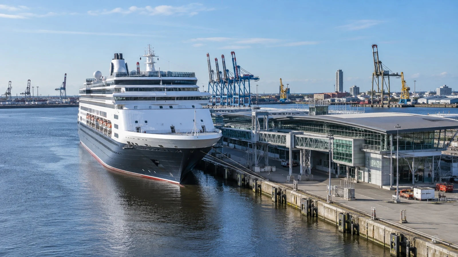 Cruise ship at the Bremerhaven terminal beside port cranes