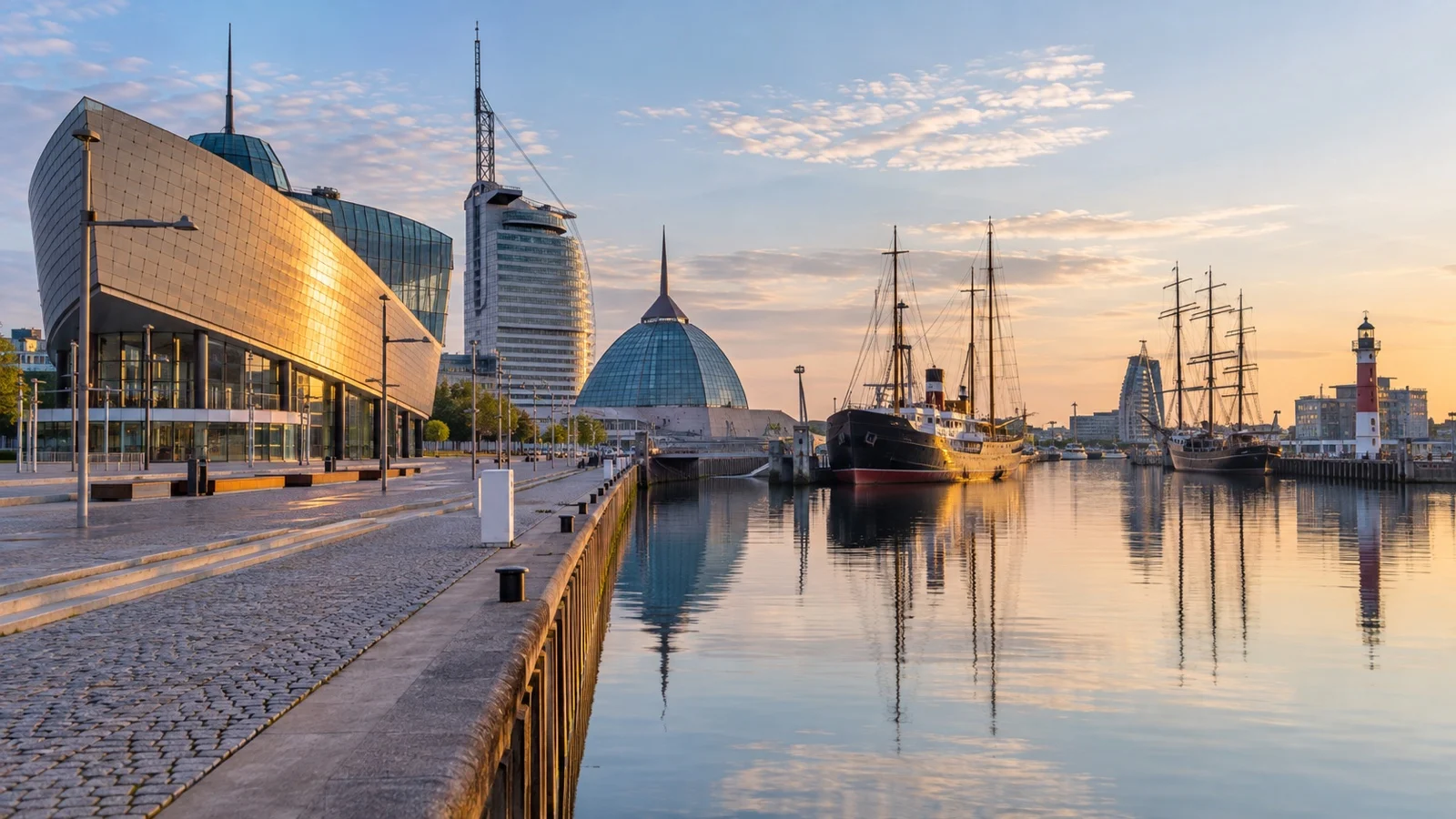 Bremerhaven waterfront district with harbor basin and maritime buildings