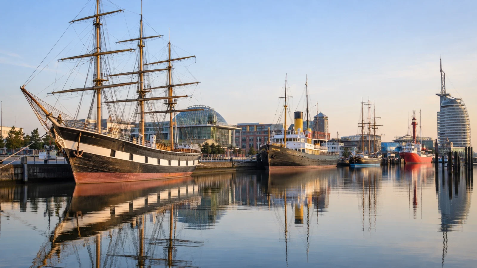 Historic museum ships moored in Bremerhaven harbor