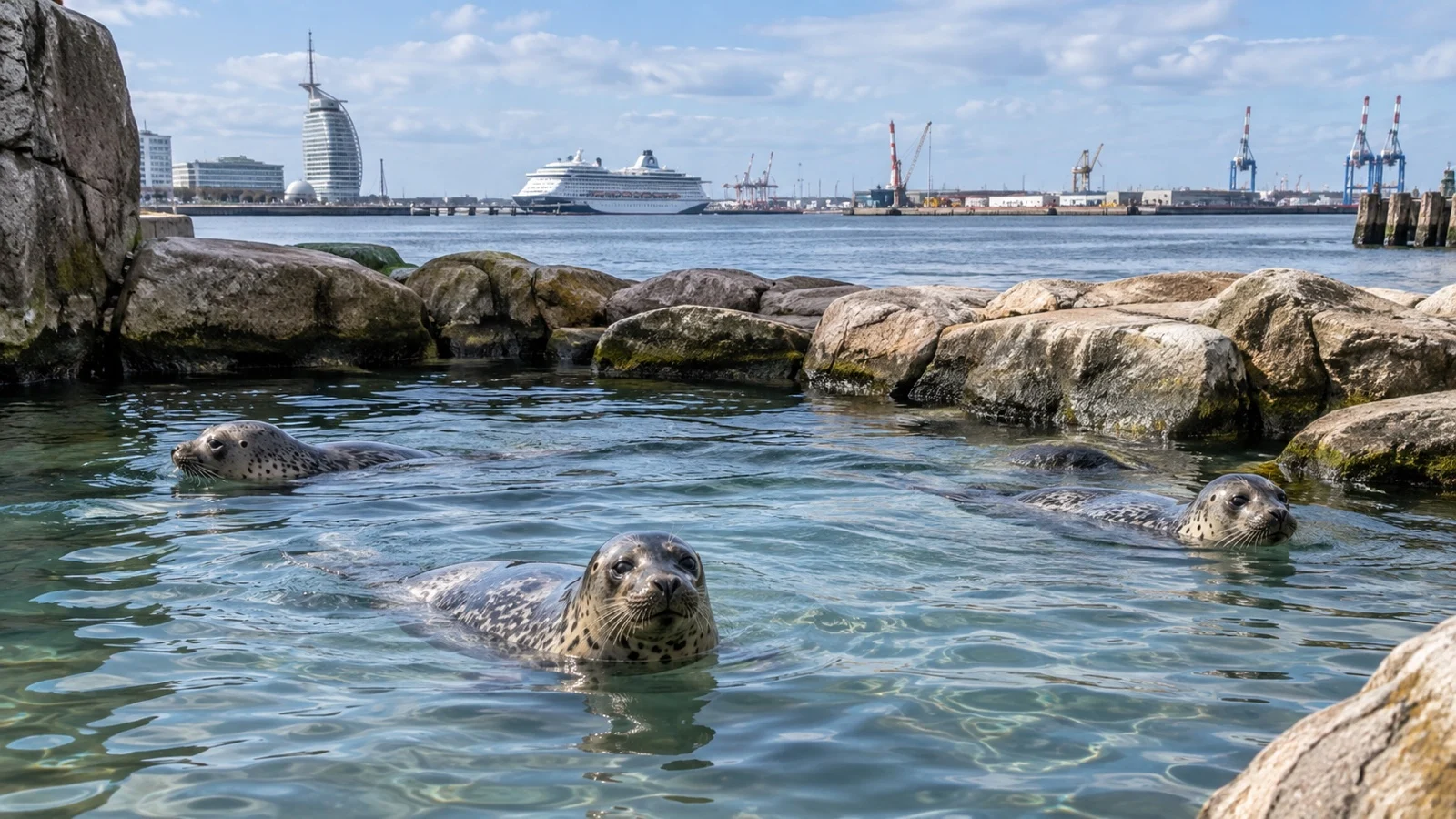 Harbor seals swimming in a rocky saltwater enclosure near the port