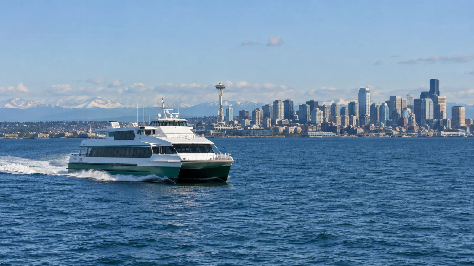 Fast passenger ferry sailing from Bremerton to Seattle across Puget Sound with distant city skyline, no people visible