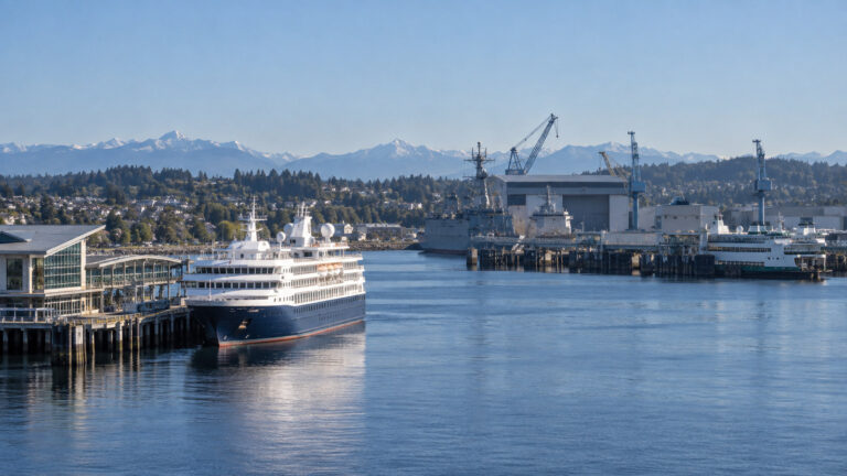 Small cruise ship at Bremerton Washington waterfront by Puget Sound Naval Shipyard and ferry terminal, no people