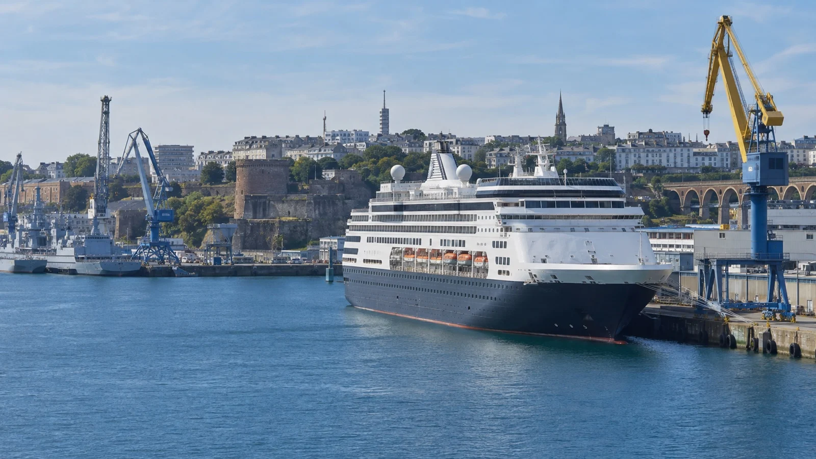 Cruise ship at Brest industrial harbor quay