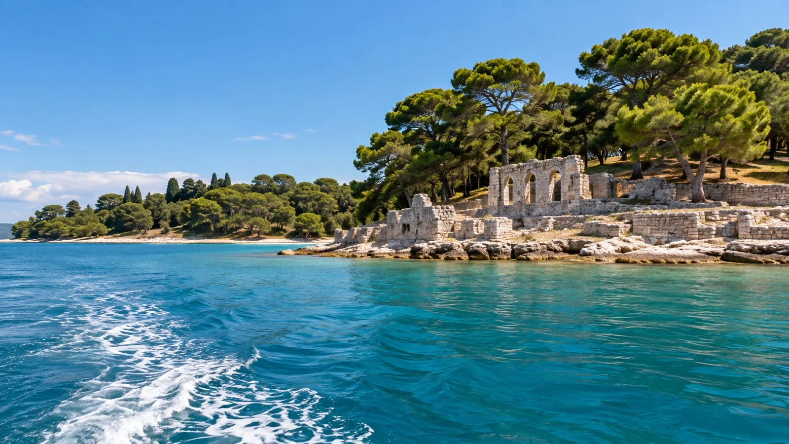 Pine-covered Brijuni island coast in the Adriatic