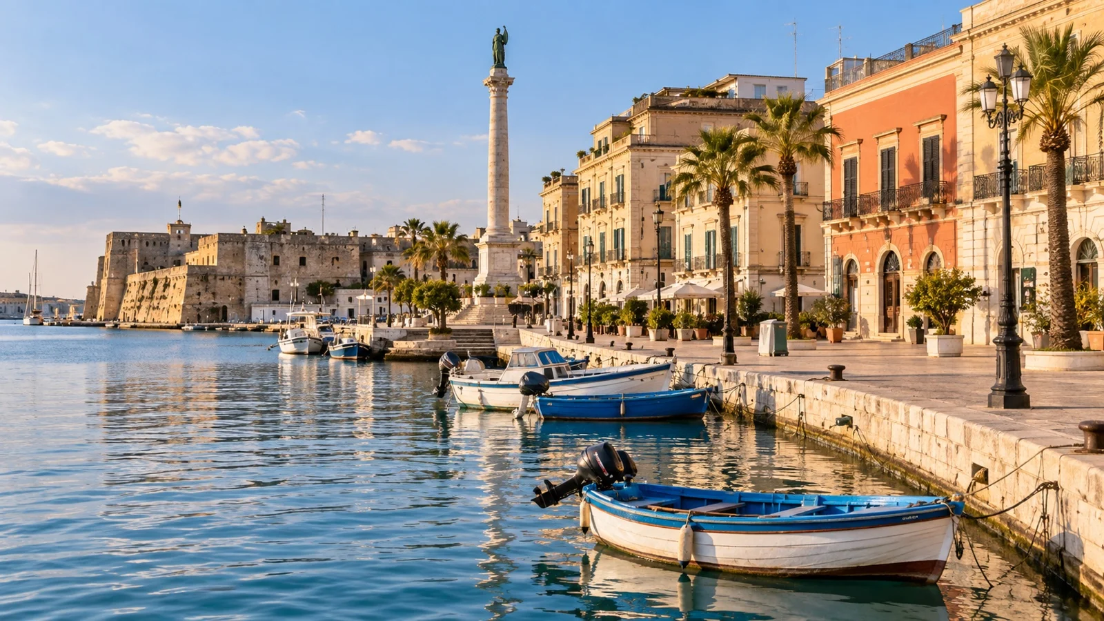 Historic buildings and boats along Brindisi inner harbor
