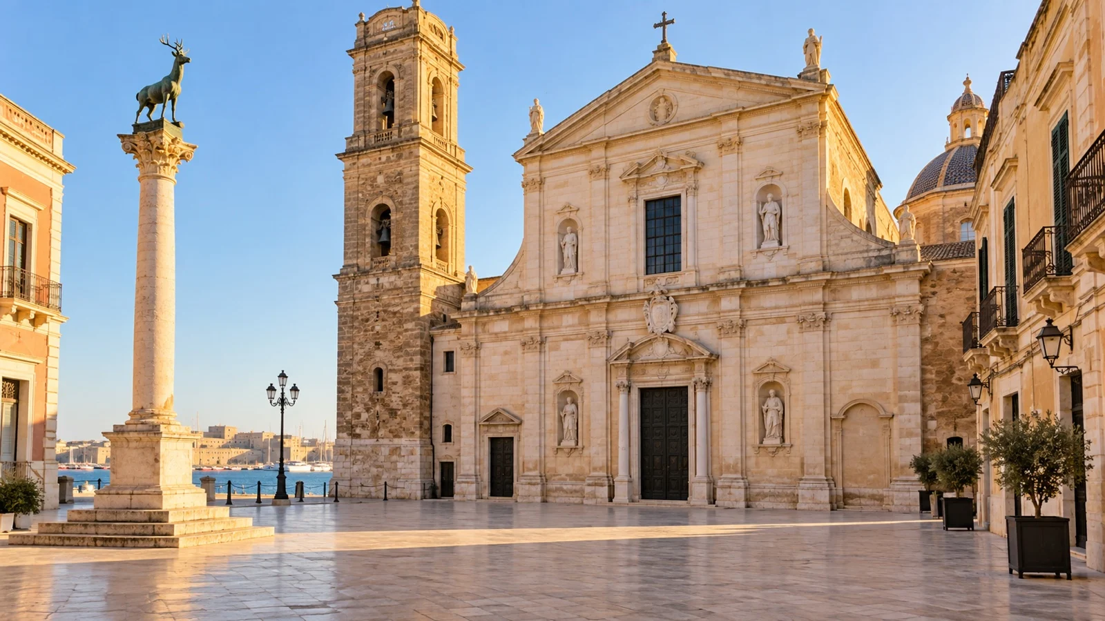 Brindisi Cathedral and pale stone buildings at Piazza Duomo