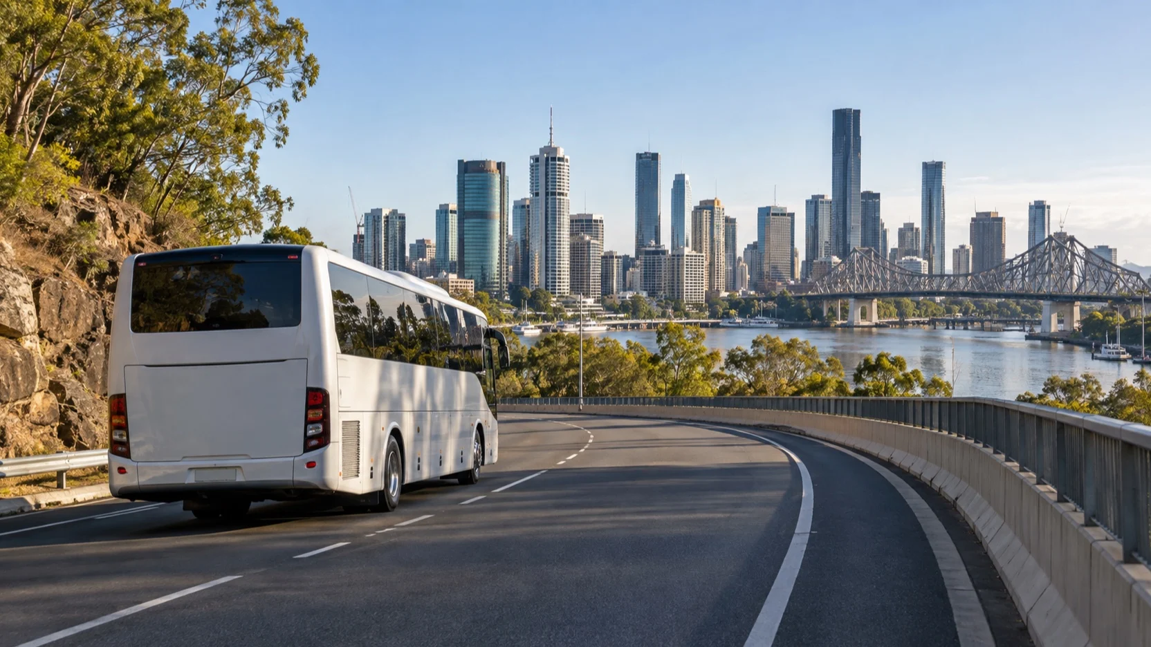 Shuttle coach on the road toward Brisbane city
