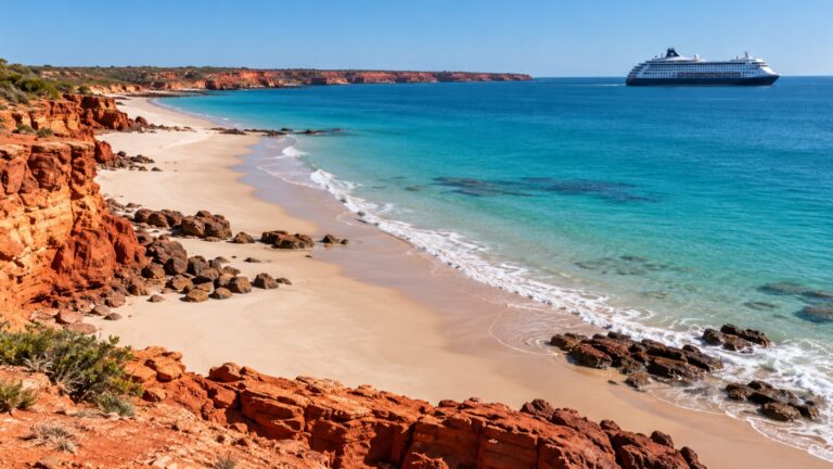 Cruise ship offshore from Broome's red Kimberley coastline