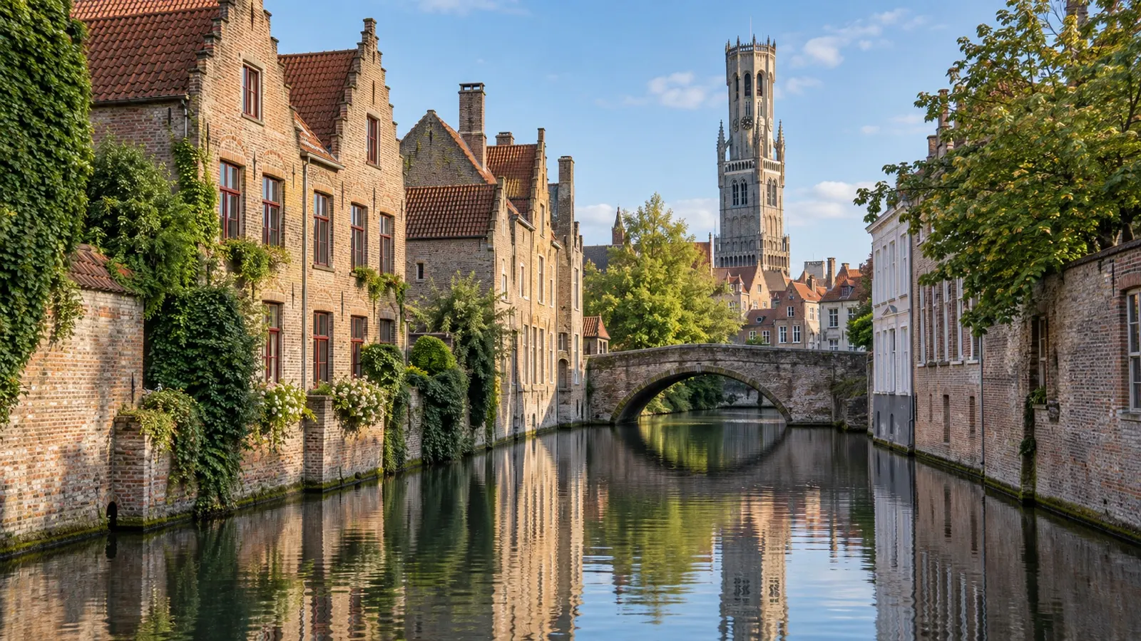 Bruges canal and medieval buildings beneath the Belfry
