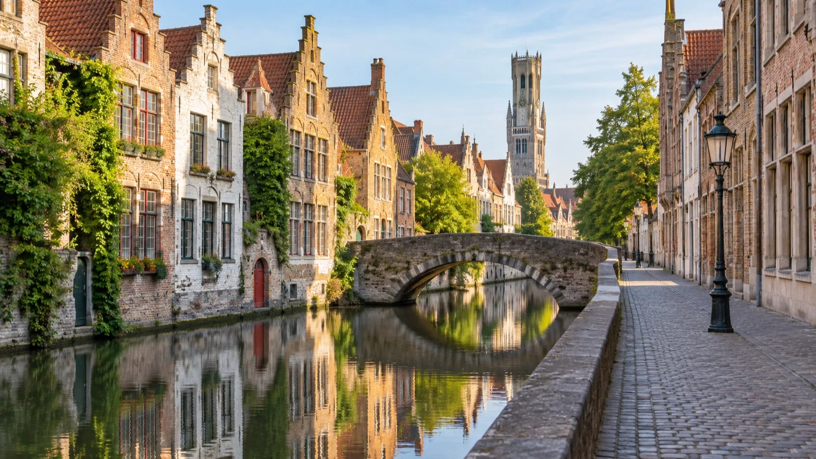 Flat canal-side walking route and stone bridge in Bruges
