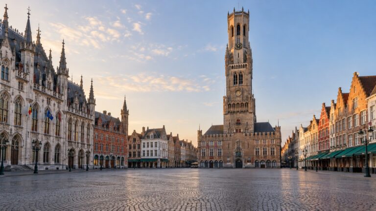 Empty Markt square and the medieval Belfry in Bruges