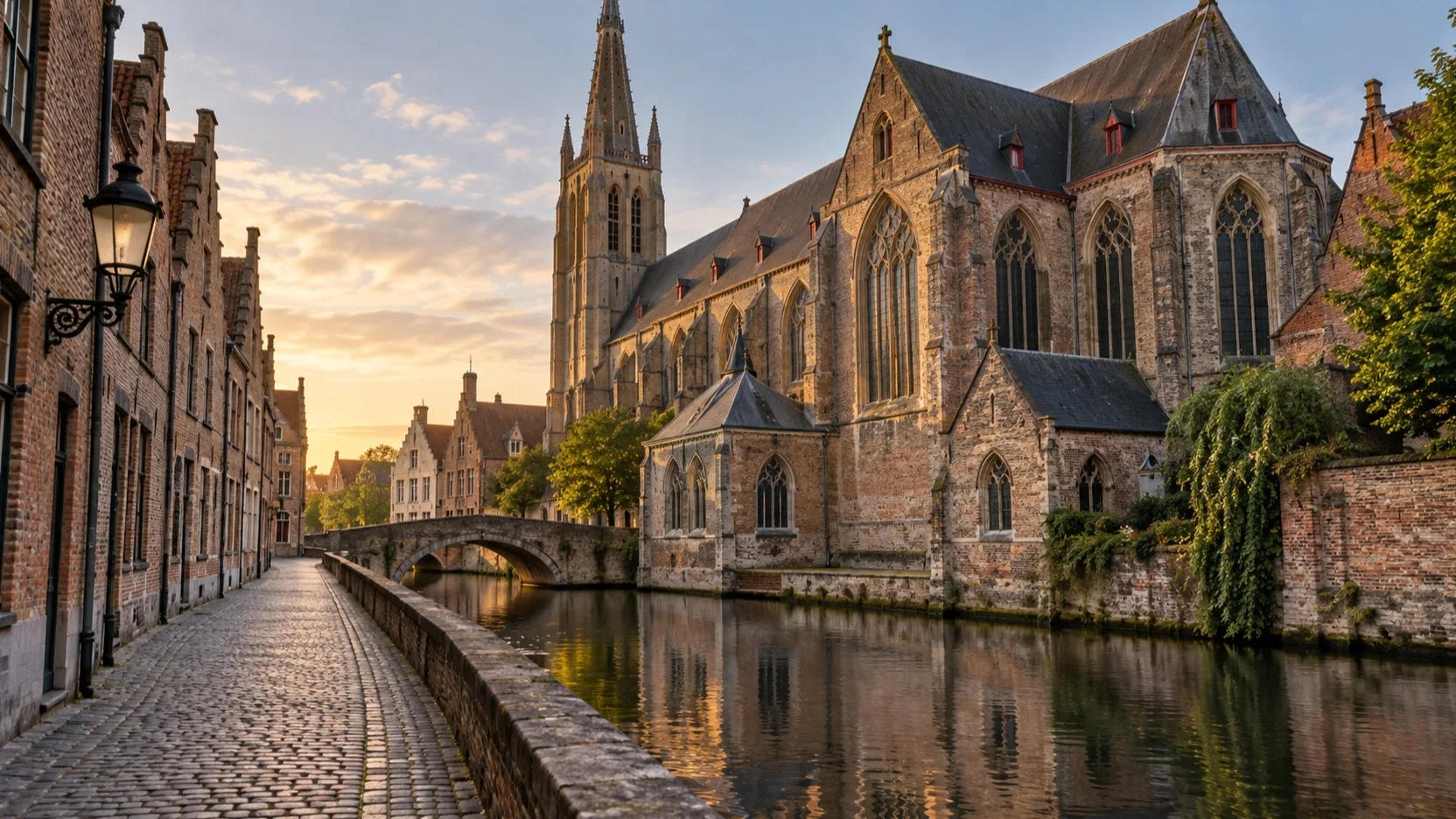 Medieval brick church beside a quiet canal in Bruges