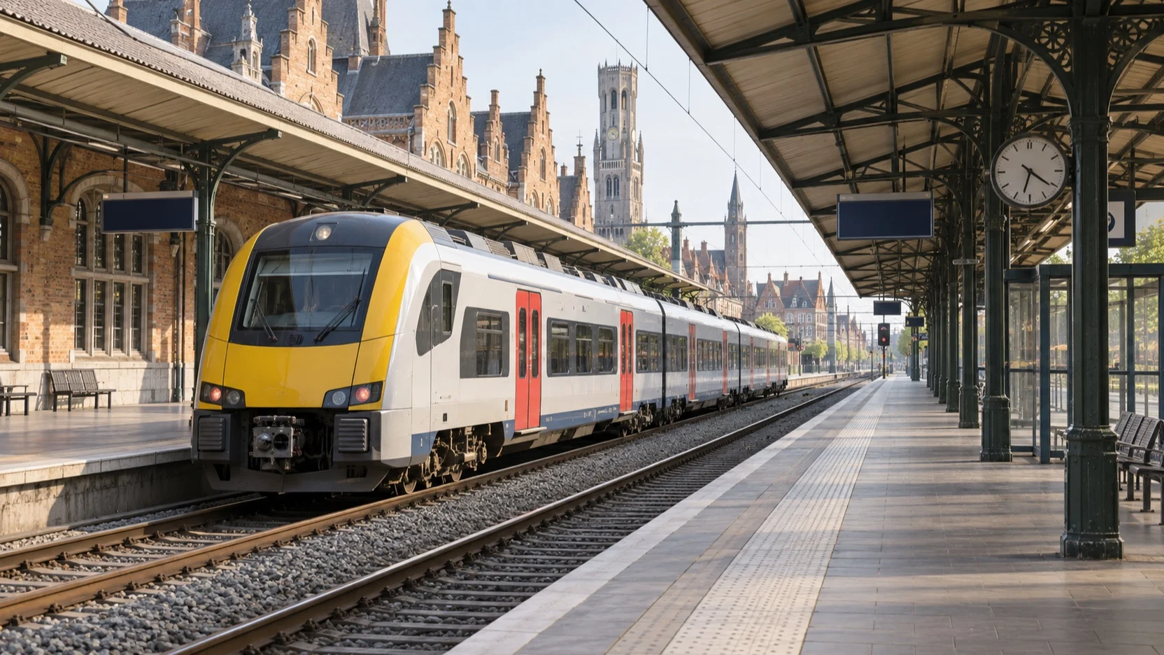 Empty train and platform at a Bruges rail station