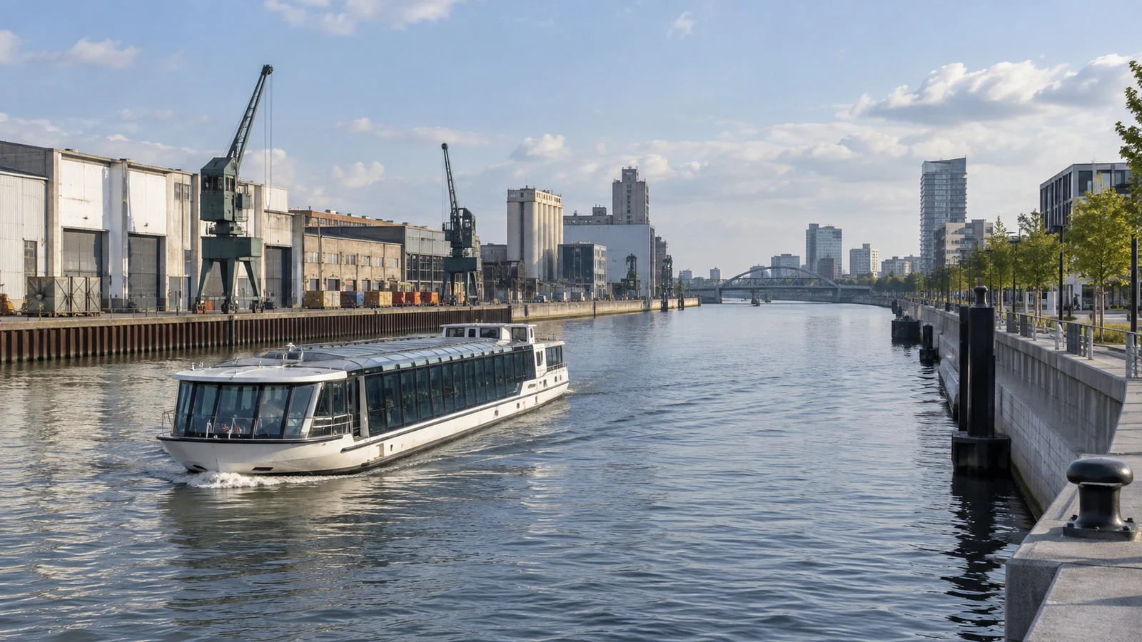 a river cruise vessel on the wide industrial canal in Brussels with warehouses and a modern quay