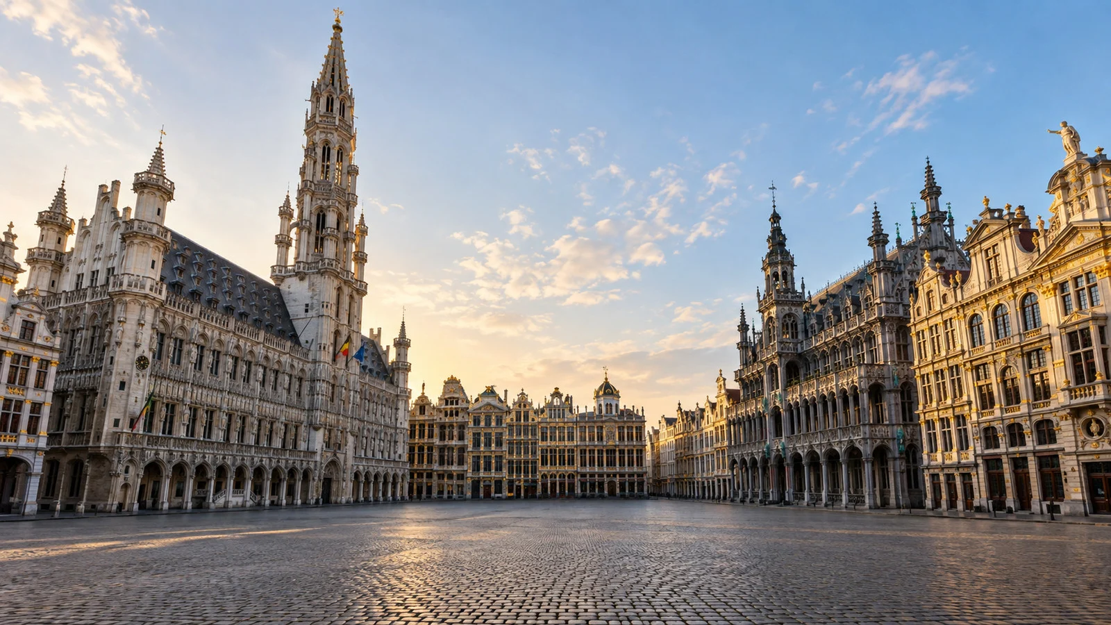 Brussels Grand-Place with ornate guildhall facades and town hall tower, empty early morning square