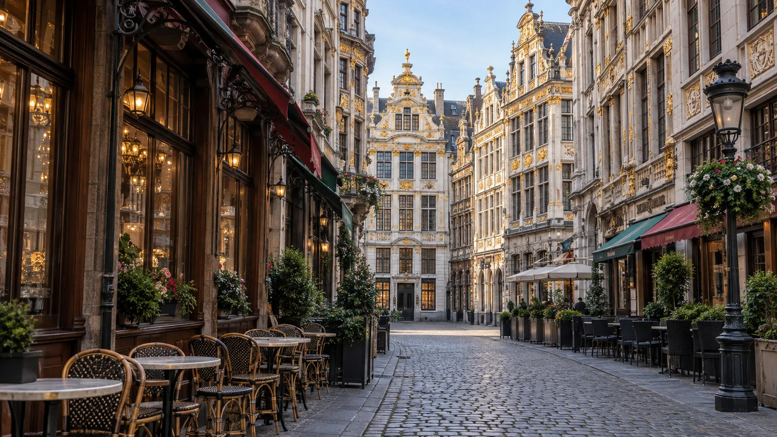 Empty street near Brussels Grand-Place lined with ornate guildhall facades