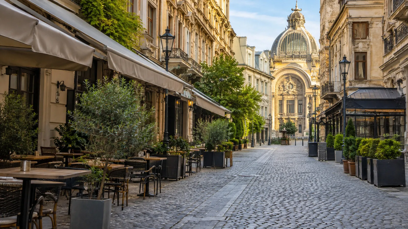 Cobbled Bucharest Old Town street with historic facades and outdoor cafe furniture but no people
