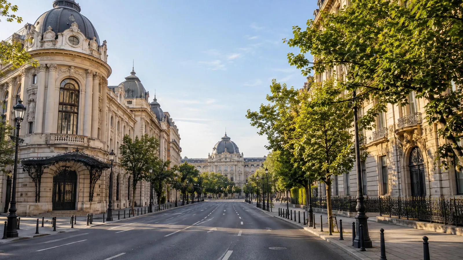 Historic central Bucharest boulevard with Belle Epoque buildings and leafy trees, empty morning