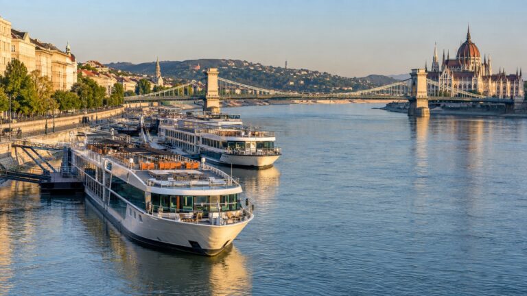 River cruise ships moored on Budapest lower quay