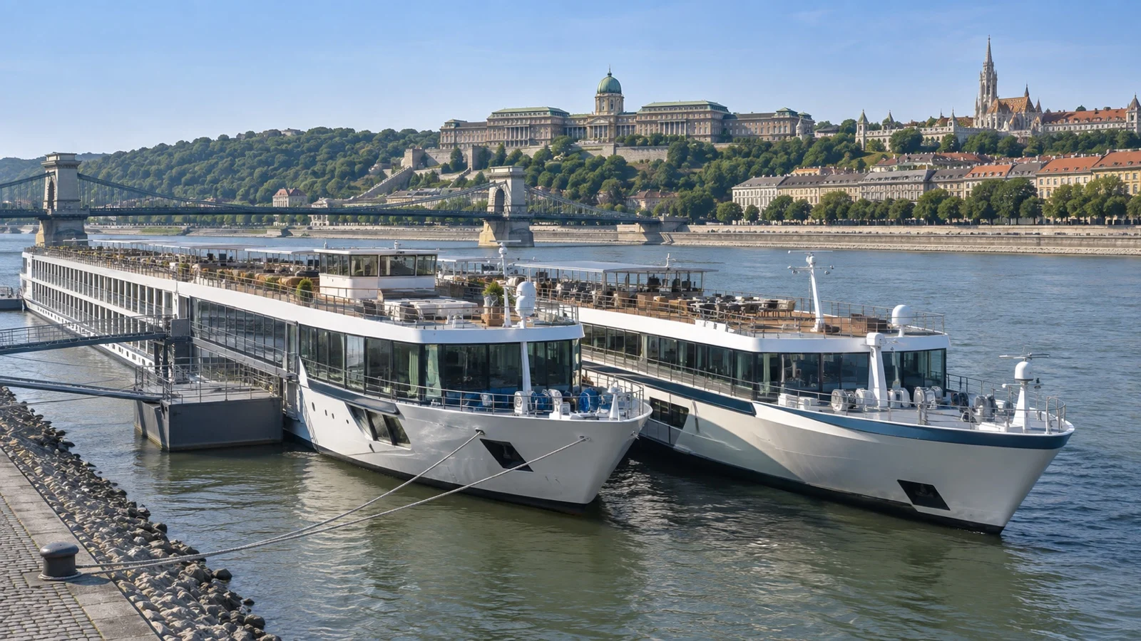 Rafted river cruise ships at Budapest pier