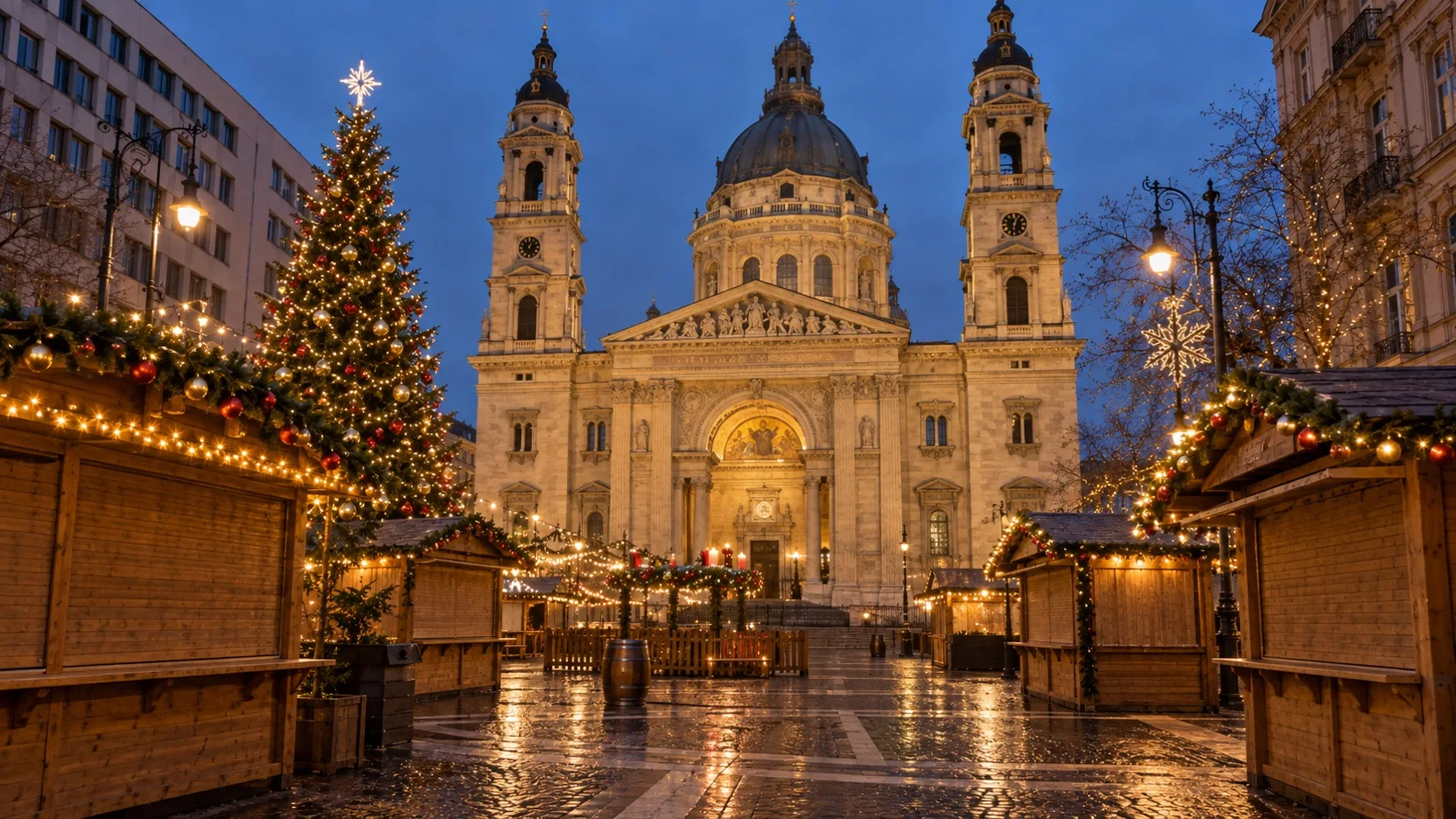 Empty Christmas market stalls before St. Stephen’s Basilica in Budapest