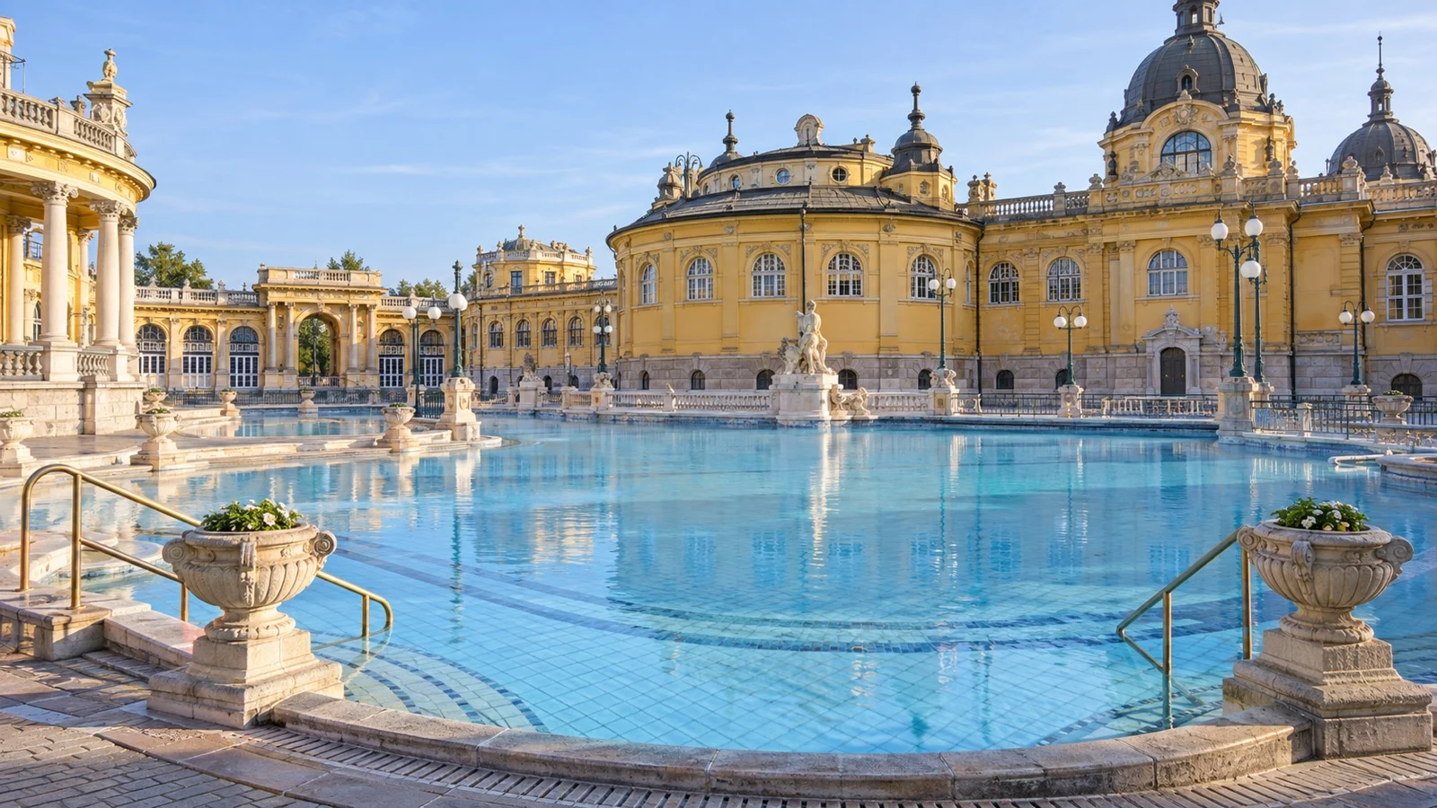 Empty outdoor pool and yellow neo-baroque buildings at Szechenyi Thermal Bath in Budapest