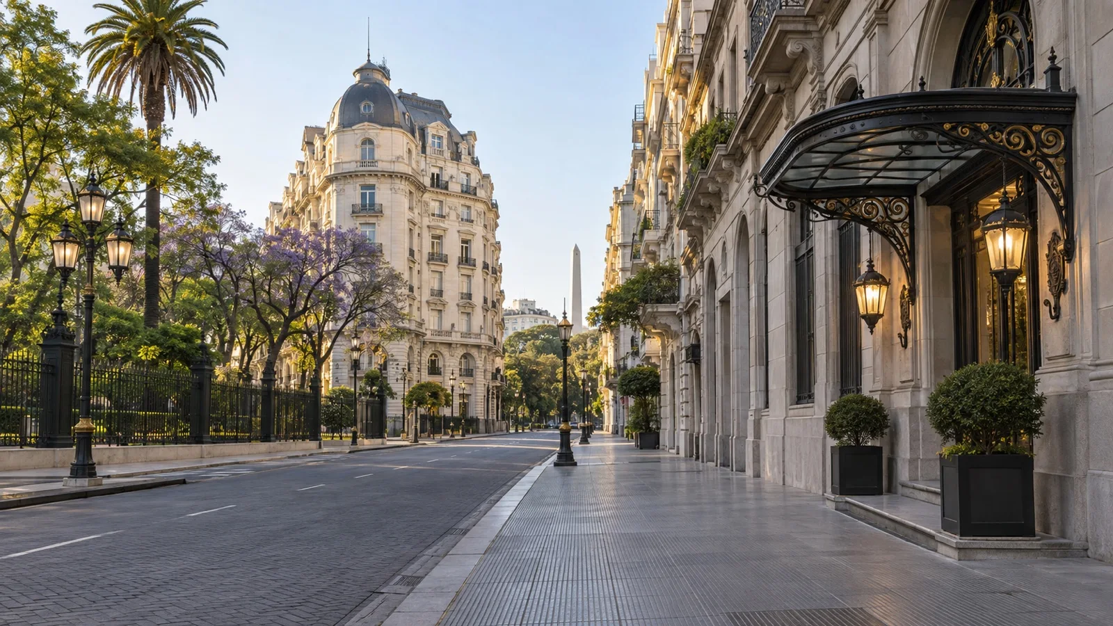 Retiro district of Buenos Aires with practical hotel buildings, elegant European-style architecture and empty streets