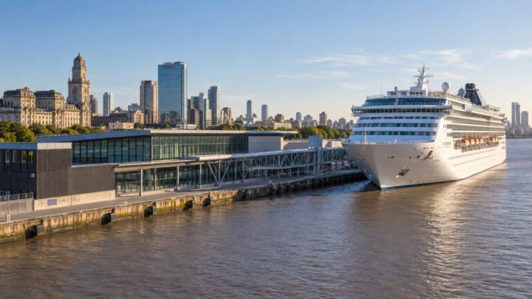 Quinquela Martín cruise terminal in Buenos Aires with a white cruise ship docked on the Río de la Plata