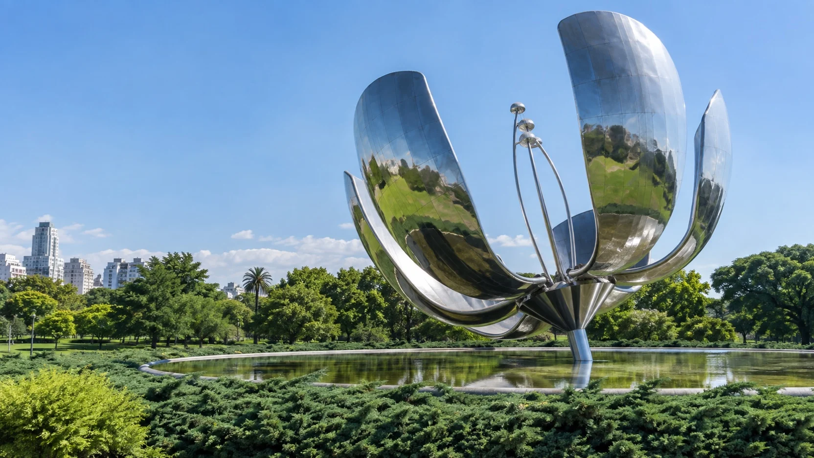 Steel petals of Floralis Genérica in an empty Buenos Aires park