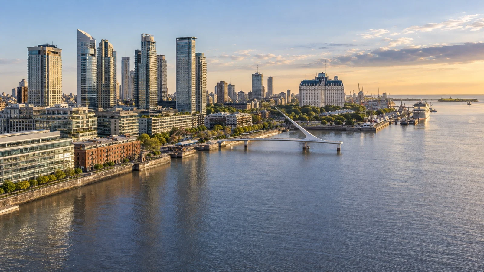 Panoramic Buenos Aires waterfront showing Puerto Madero, Retiro hotel district and wide river