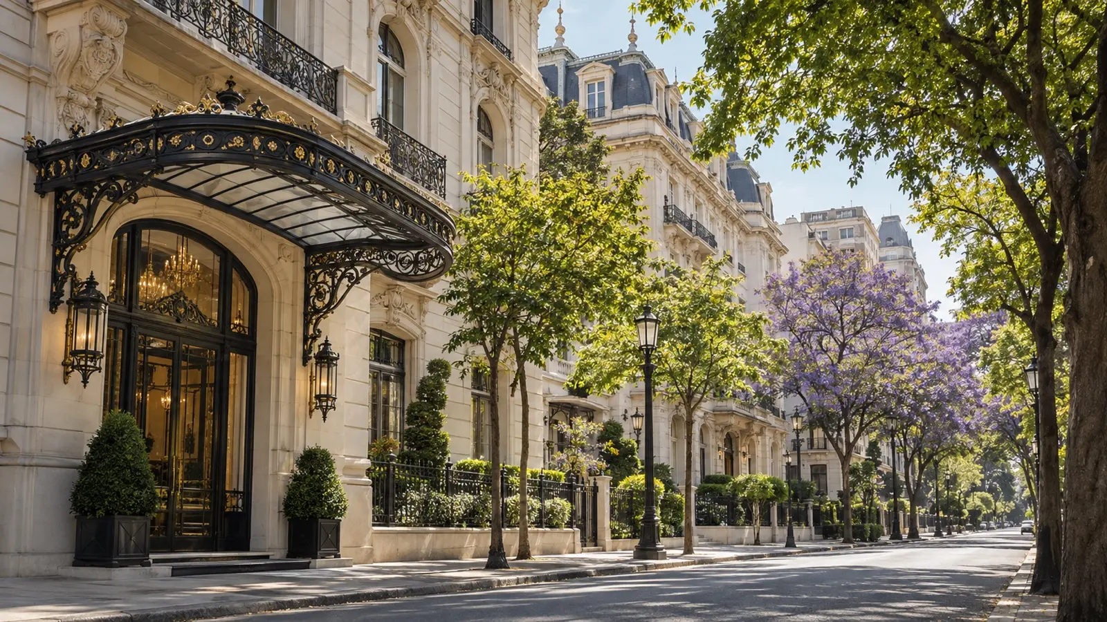 Recoleta district of Buenos Aires with elegant grand hotel facades and leafy boulevards