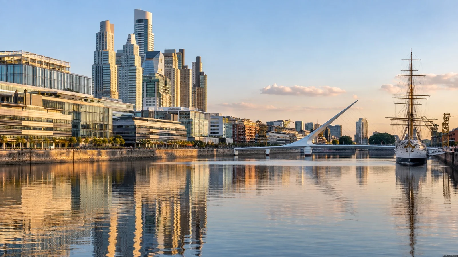 Puerto Madero waterfront in Buenos Aires with contemporary hotels, docks and skyline