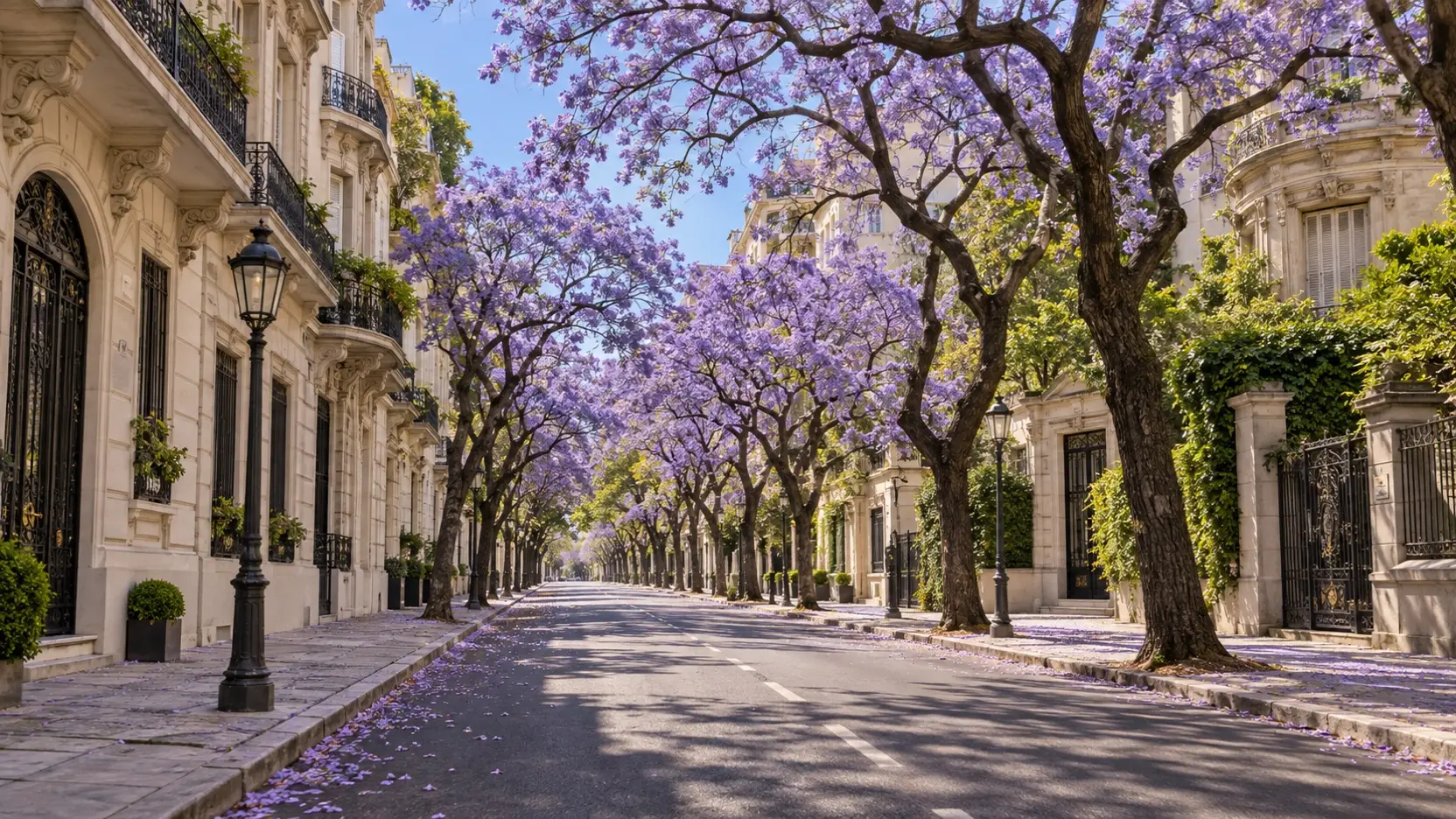 Purple jacaranda blossoms along an empty Buenos Aires street in spring