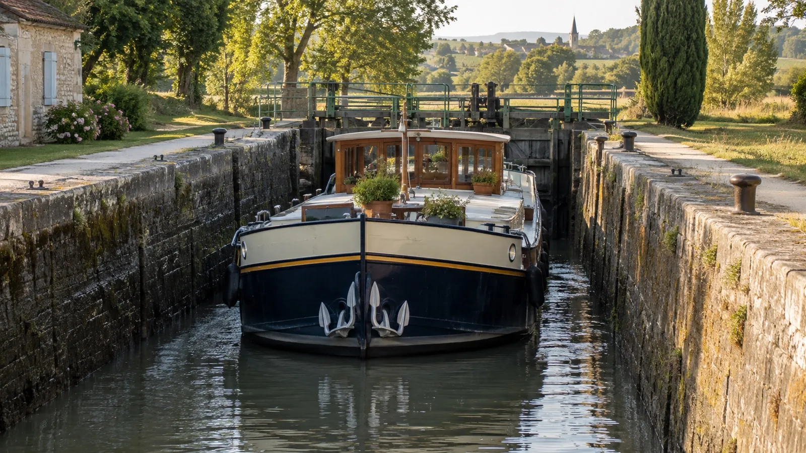 Narrow hotel barge passing Burgundy canal lock