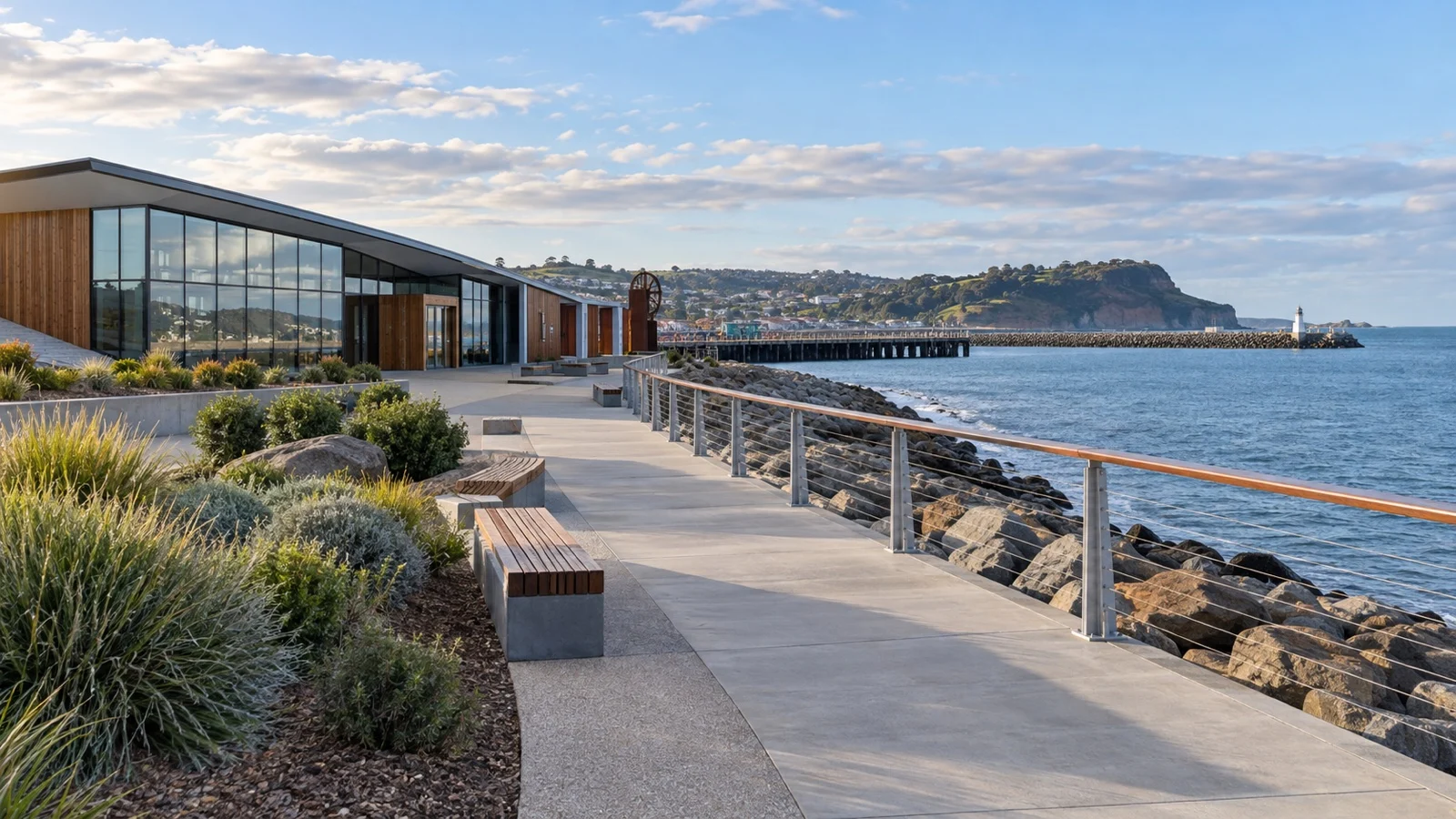 Discovery Hub area beside the Burnie waterfront and Bass Strait