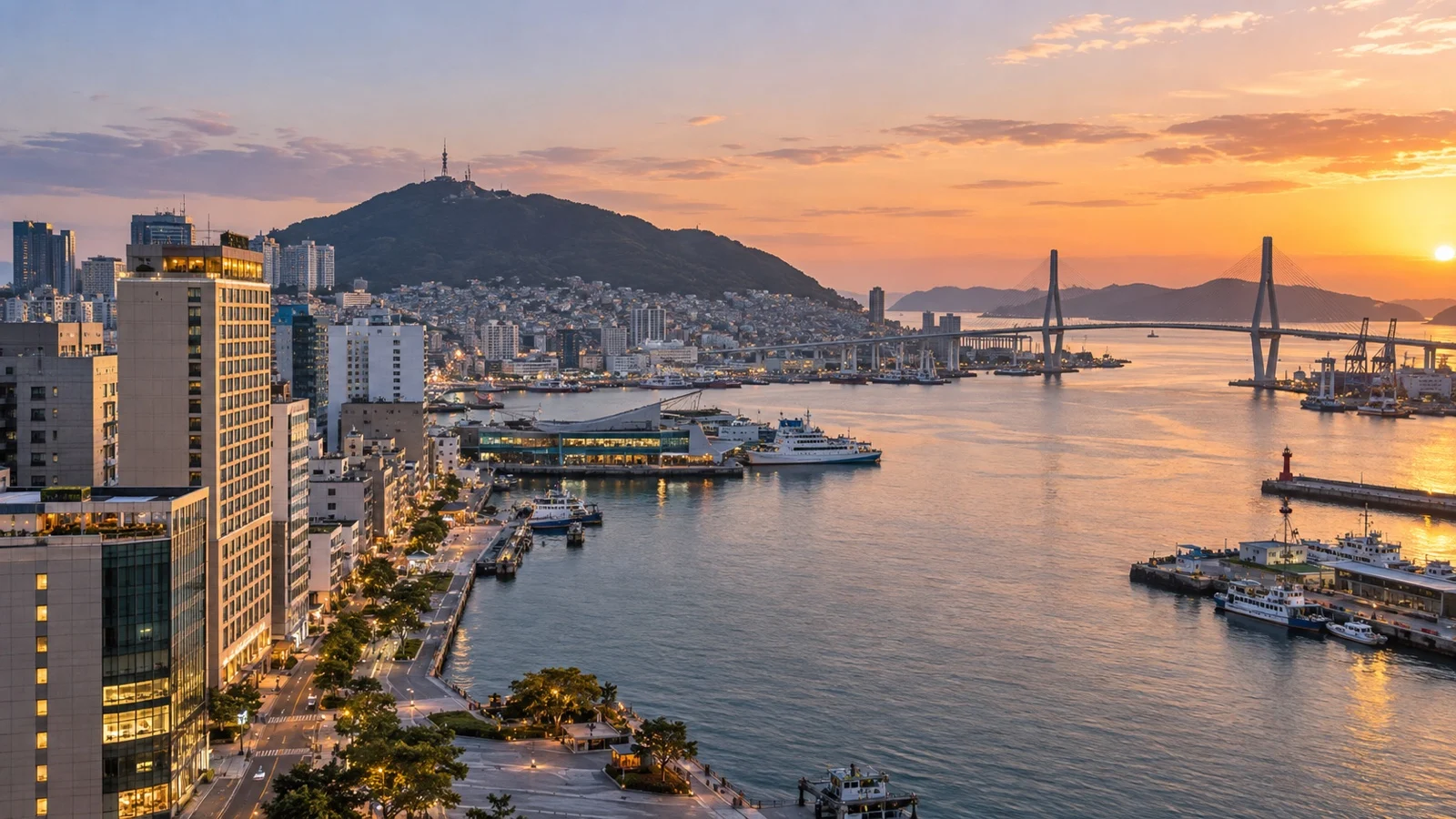 Nampo-dong and Yeongdo waterfront in Busan with midrange hotels and the harbor bridge