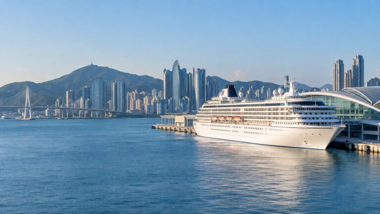 Busan International Cruise Terminal with a white cruise ship docked beside the harbor and city skyline