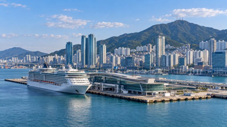 Cruise ship in Busan harbor beside the city skyline